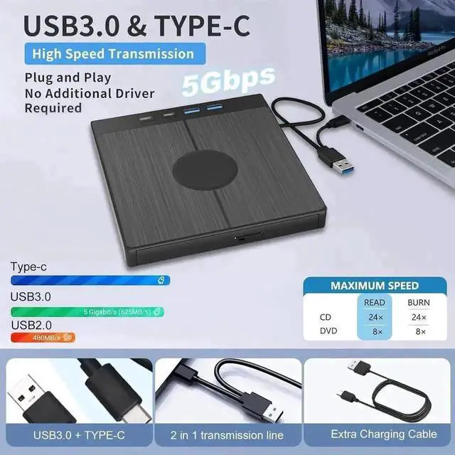 Alt view image 6 of 7 - Vszerda Vszerda7-in-1 USB 3.0 Type-C External CD DVD RW Burner Optical Drive with 4 USB Expansion Ports SD TF Card Reader for Desktop Laptop Windows 11/10/8/7/XP Mac OS Linux