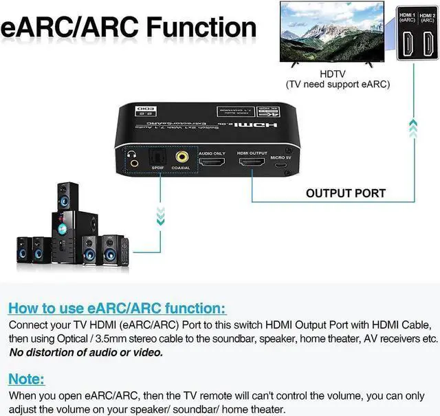 Alt view image 4 of 7 - NEWCARE 2 in 1 Out HDMI 2.0b Switch with eARC Audio Extractor, 4K@60Hz HDMI Switcher Converter with IR Remote, Supports 7.1CH Dolby Atmos, eARC/ARC, Optical Toslink SPDIF, Coaxial & 3.5mm Audio Output