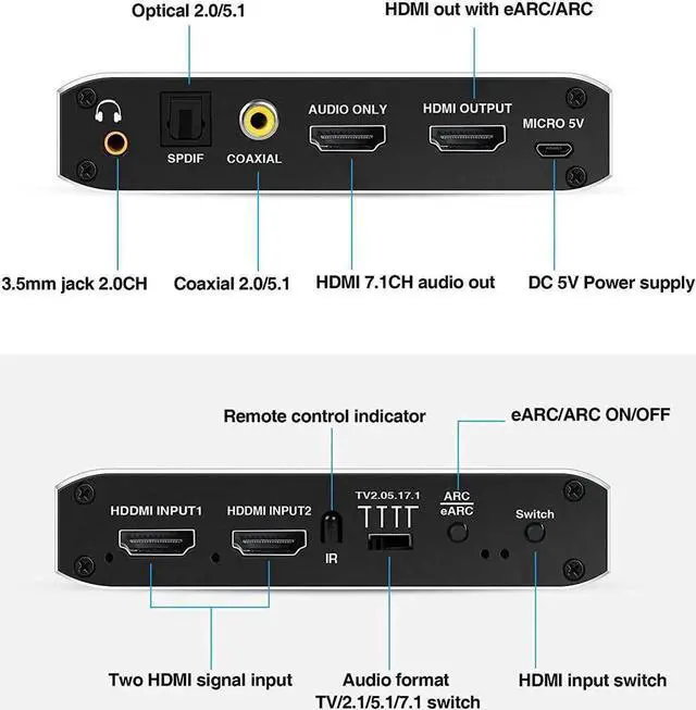 Alt view image 7 of 7 - NEWCARE 2 in 1 Out HDMI 2.0b Switch with eARC Audio Extractor, 4K@60Hz HDMI Switcher Converter with IR Remote, Supports 7.1CH Dolby Atmos, eARC/ARC, Optical Toslink SPDIF, Coaxial & 3.5mm Audio Output