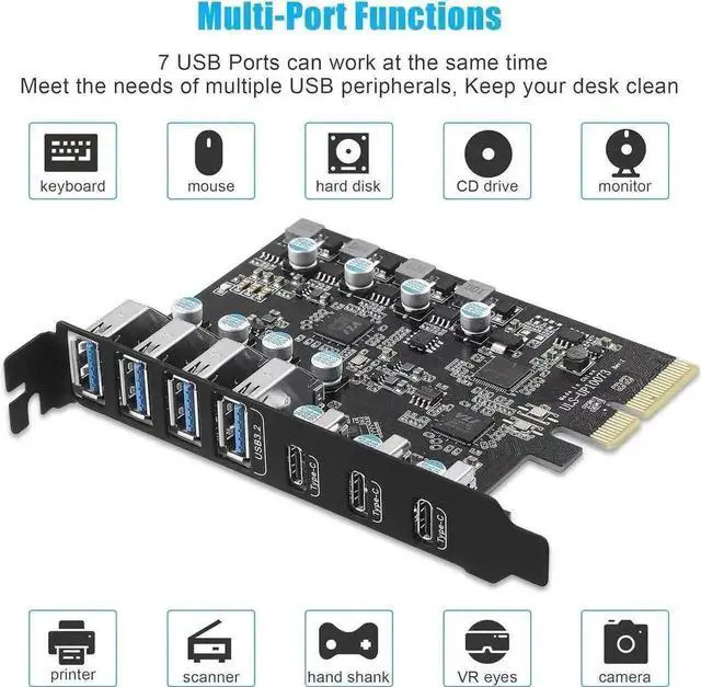 Alt view image 4 of 7 - Vszerda 7-Port PCIe USB 3.2 Gen2 Expansion Card, 10Gbps Super Speed PCI Express Hub Adapter (3×USB-C + 4×USB-A), Compatible PCIe X4/X8/X16 Slots for Desktop Motherboard