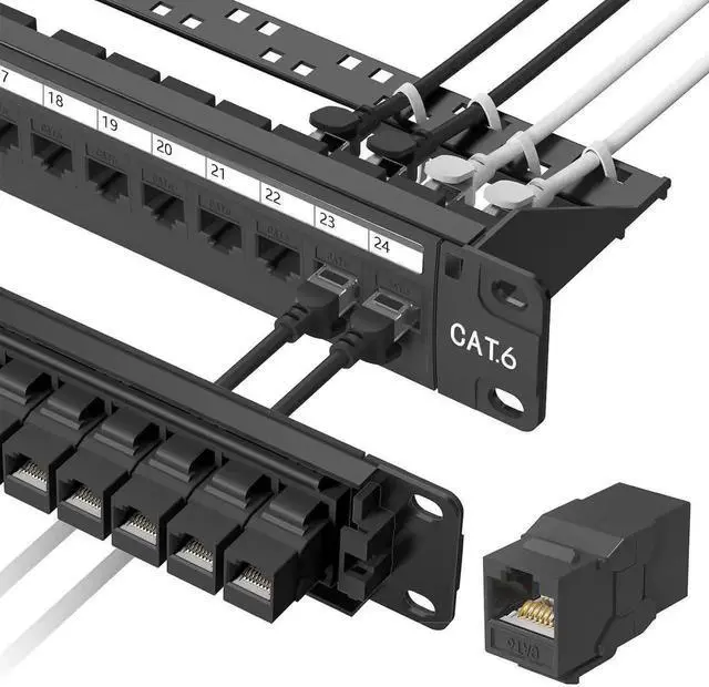 Main image of Vszerda 1U 19 Inch Cat6 24-Port Patch Panel, Rack/Wall Mount, Pre-Installed 24 Keystone Jacks + 1 Spare Port, Support 10Gbps Ethernet with Cable Management Bar