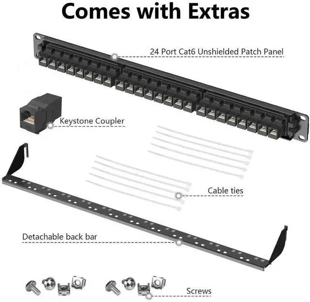 Alt view image 2 of 6 - Vszerda 1U 19 Inch Cat6 24-Port Patch Panel, Rack/Wall Mount, Pre-Installed 24 Keystone Jacks + 1 Spare Port, Support 10Gbps Ethernet with Cable Management Bar