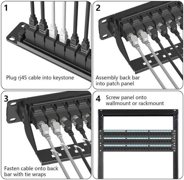 Alt view image 6 of 6 - Vszerda 1U 19 Inch Cat6 24-Port Patch Panel, Rack/Wall Mount, Pre-Installed 24 Keystone Jacks + 1 Spare Port, Support 10Gbps Ethernet with Cable Management Bar
