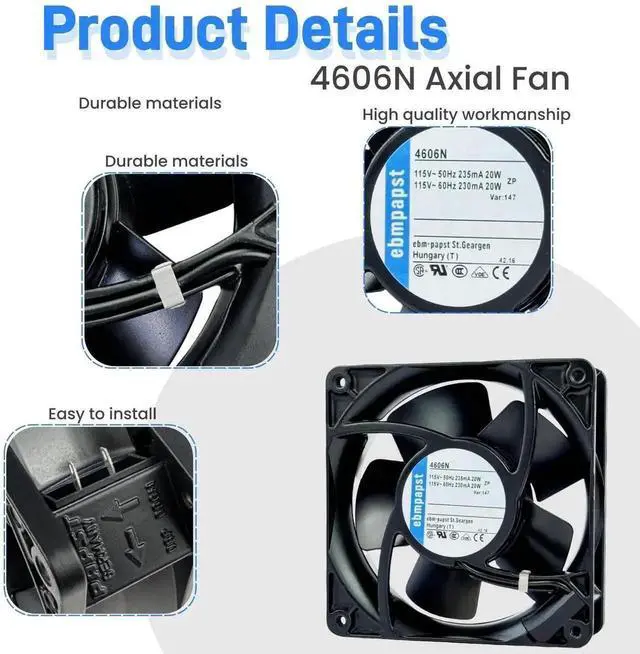 Alt view image 2 of 3 - Vszerda ebmpapst 4606N High Temp Axial Fan, 120×120×38mm AC115V 2950RPM 2-Pin Industrial Cooling Fan