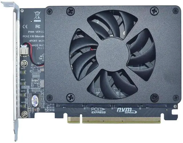 Main image of Vszerda 4 Port PCIe 4.0 x16 M.2 NVMe Adapter Card, M Key M.2 SSD Expansion Card Supports 2230/2242/2260/2280 NVMe Drives with Silent DC Brushless Cooling Fan