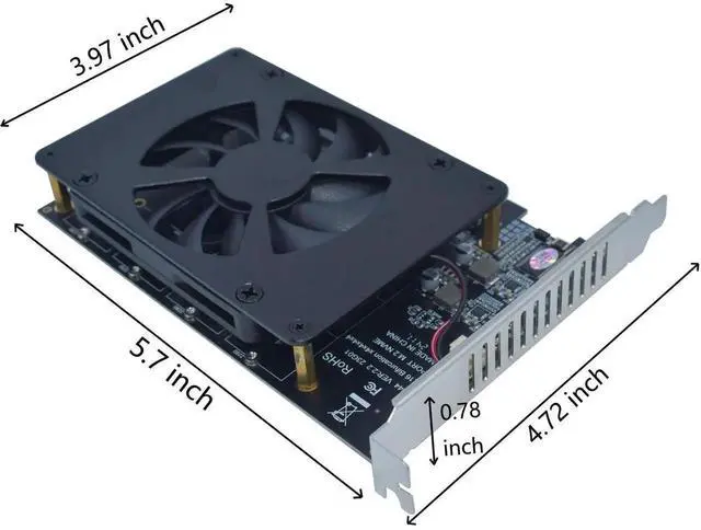 Alt view image 5 of 7 - Vszerda 4 Port PCIe 4.0 x16 M.2 NVMe Adapter Card, M Key M.2 SSD Expansion Card Supports 2230/2242/2260/2280 NVMe Drives with Silent DC Brushless Cooling Fan