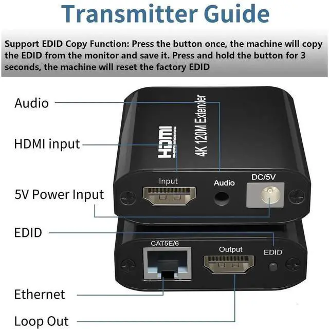 Alt view image 5 of 7 - Vszerda 4K@60Hz HDMI Extender Over Cat5e/Cat6 Up to 120M/395FT, TX+RX with Loop Out & Separate Audio Out, HDCP1.2 EDID Copy