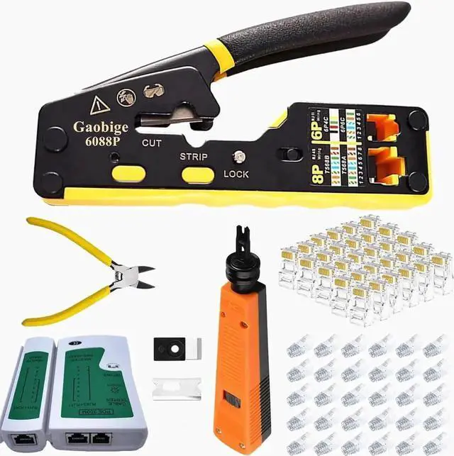 Main image of Vszerda Pass Through RJ45 Crimp Tool Kit for Cat5/Cat5e/Cat6/Cat6A Ethernet Cables, Includes Crimper, 110 Punch Down Tool, Cable Tester & 30PCS Cat6 Pass Through Connectors