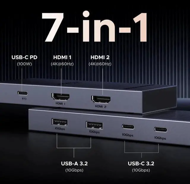 Alt view image 2 of 7 - Vszerda Revodok Pro 7-in-1 USB-C Docking Station, Dual 4K@60Hz HDMI Monitor Hub, 10Gbps USB-A & USB-C, 100W PD Charging Aluminum Dock for HP ThinkPad Dell Laptops