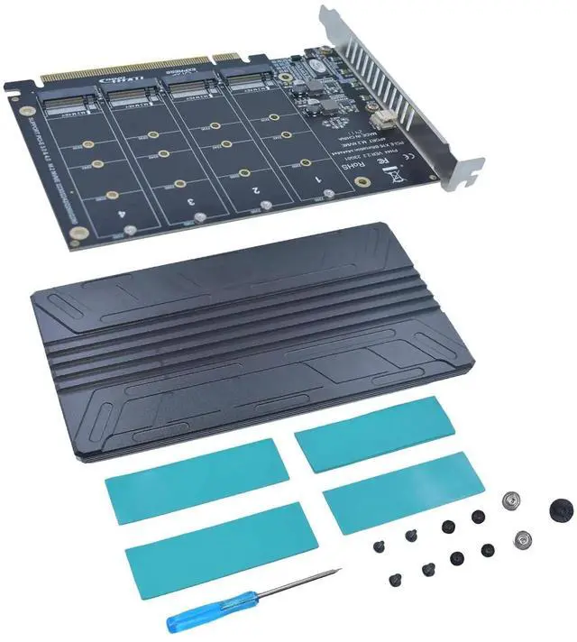 Alt view image 5 of 6 - Vszerda 4 Port PCIe 4.0 X16 M.2 NVMe Expansion Adapter Card with Cooling Heat Sink, M Key M.2 SSD Card Supports 2230/2242/2260/2280 NVMe Drives