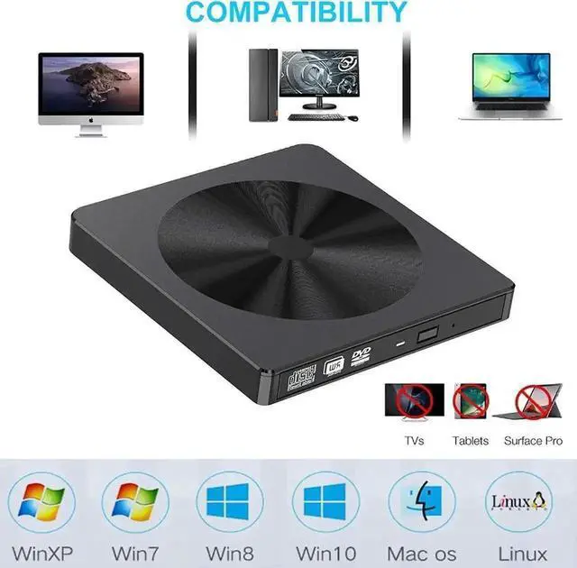 Alt view image 4 of 7 - Vszerda Black USB 3.0 Type-C Slim Portable External CD DVD +/-RW Burner Drive Optical Disc Player Compatible with Mac Laptop Desktop Windows XP Vista 7 8 10 Linux