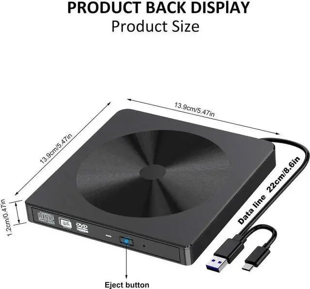 Alt view image 5 of 7 - Vszerda Black USB 3.0 Type-C Slim Portable External CD DVD +/-RW Burner Drive Optical Disc Player Compatible with Mac Laptop Desktop Windows XP Vista 7 8 10 Linux