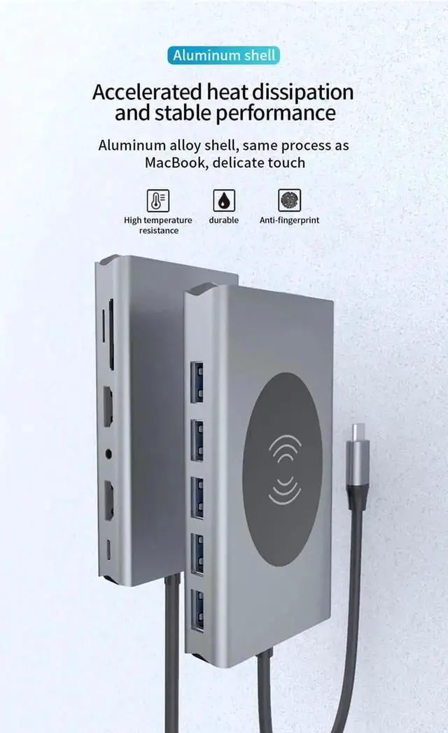 Alt view image 5 of 7 - 14 in 1 USB C Multiport Hub Dongle, USB C Adapter with Dual HDMI, VGA, Gigabit Ethernet, 100W PD, 5 USB3.0, SD/TF Card Reader, Wireless Charger & 3.5mm Audio Jack for MacBook Pro All Type-C Laptops