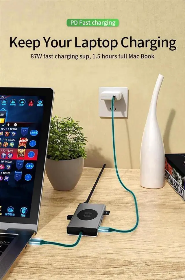 Alt view image 3 of 7 - 14 in 1 USB C Multiport Hub Dongle, USB C Adapter with Dual HDMI, VGA, Gigabit Ethernet, 100W PD, 5 USB3.0, SD/TF Card Reader, Wireless Charger & 3.5mm Audio Jack for MacBook Pro All Type-C Laptops