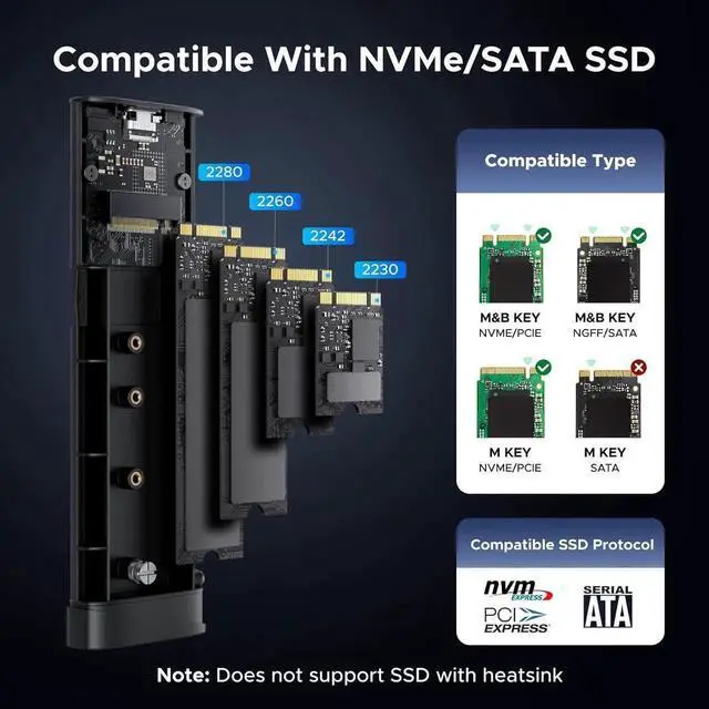 Alt view image 3 of 7 - Vszerda UGREEN 20Gbps M.2 NVMe SATA SSD Enclosure, USB C 3.2 Gen2x2 External M.2 Case Supports 8TB, M/B+M Key SSD 2230/2242/2260/2280 with UASP & TRIM