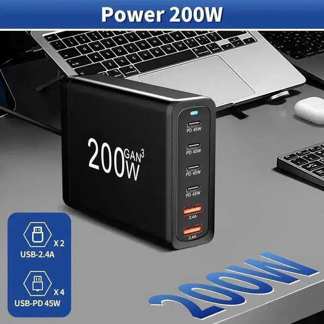 Alt view image 4 of 7 - WRIARICH 200W GaN 6-Port Multi-Device Fast Charging Station, PD3.0 QC3.0 USB-C & USB-A Desktop Charger for Phones, Tablets & Laptops