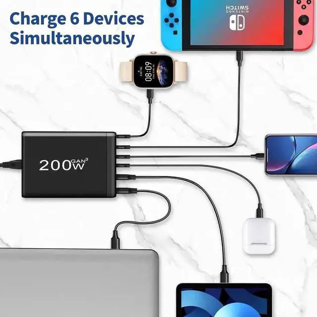 Alt view image 7 of 7 - WRIARICH 200W GaN 6-Port Multi-Device Fast Charging Station, PD3.0 QC3.0 USB-C & USB-A Desktop Charger for Phones, Tablets & Laptops