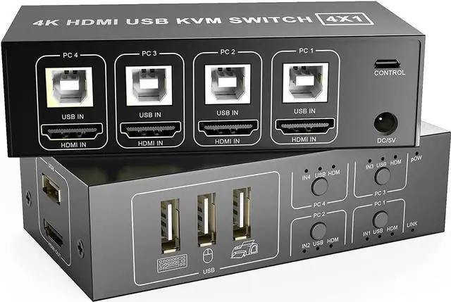 Main image of Vszerda 4-Port HDMI KVM Switch 4 In 1 Out, Support 4K@60Hz, 4 PCs Share One Monitor, Keyboard & Mouse, Comes with 4 USB Cables, 1 Switch Cable & 1 Power Cable