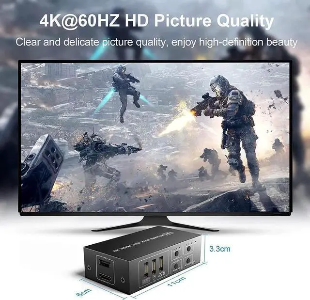 Alt view image 3 of 7 - Vszerda 4-Port HDMI KVM Switch 4 In 1 Out, Support 4K@60Hz, 4 PCs Share One Monitor, Keyboard & Mouse, Comes with 4 USB Cables, 1 Switch Cable & 1 Power Cable