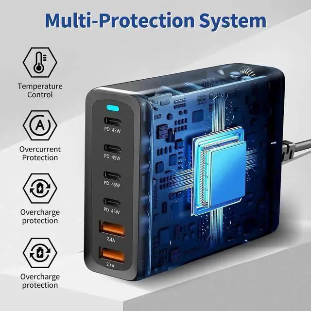 Alt view image 7 of 7 - Vszerda 200W GaN 6-Port USB-C & USB-A Charging Station, QC3.0 PD3.0 Multi-Port Fast Charger Compatible with All Smartphones, Tablets and Laptops