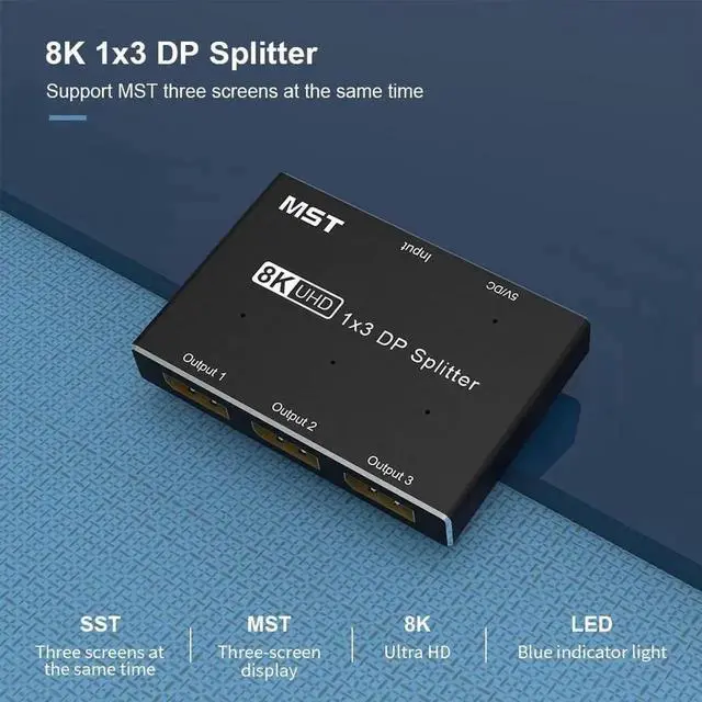 Alt view image 2 of 4 - Vszerda DP 1.4 MST Hub 1 In 3 Out DisplayPort Splitter, 8K Multi-Monitor DP to DP Video Converter, Support Triple Dual 4K Extended Display Only for Windows MST Graphics Cards