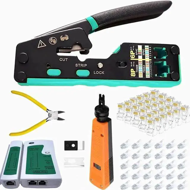 Main image of Vszerda Pass Through RJ45 Crimp Tool Kit for Cat5 Cat5e Cat6 Cat6A Ethernet Cable, Network Crimper Set with 110 Punch Down Tool, Cable Tester & 30PCS Cat6 Pass Through Connectors