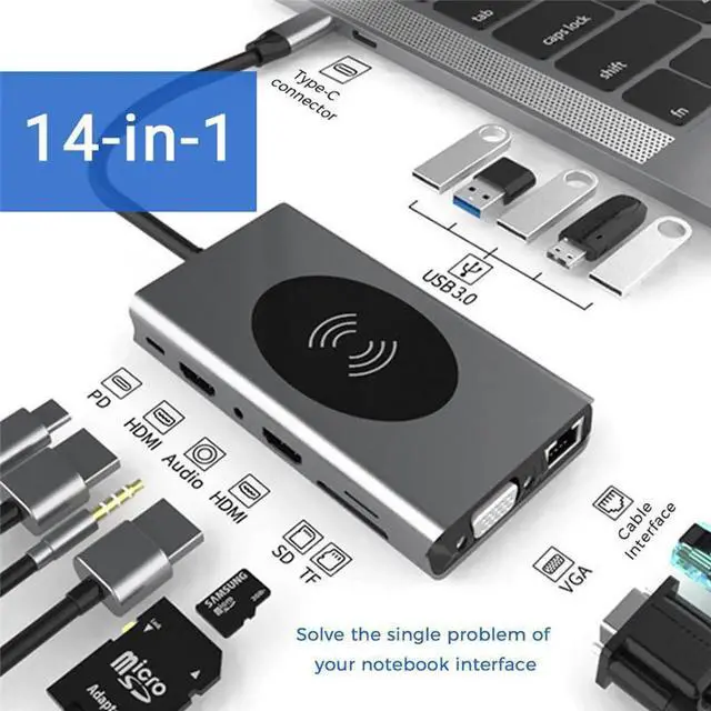 Main image of USB C Docking Station with Dual HDMI, VGA, Qi Wireless Charging, 5×USB3.0, Gigabit Ethernet, 100W PD, SD/TF Card Reader & 3.5mm Audio Jack, Multiport Adapter Compatible with HP, Dell and All Type-C La