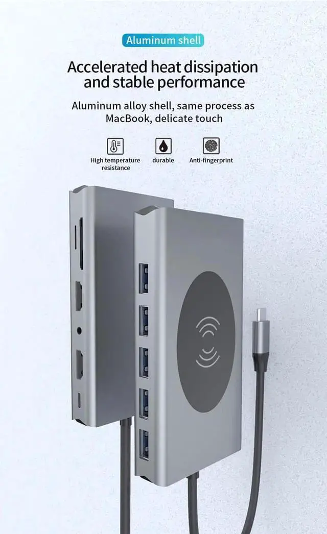 Alt view image 3 of 7 - USB C Docking Station with Dual HDMI, VGA, Qi Wireless Charging, 5×USB3.0, Gigabit Ethernet, 100W PD, SD/TF Card Reader & 3.5mm Audio Jack, Multiport Adapter Compatible with HP, Dell and All Type-C La