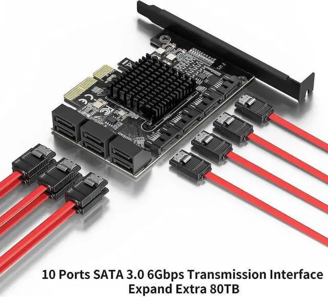 Alt view image 6 of 7 - Vszerda 10 Port PCIe X4 SATA 3.0 Expansion Controller Card, 6Gbps Storage Adapter with 10 SATA Cables & 2 SATA Power Splitter Cables, Standard Bracket Included