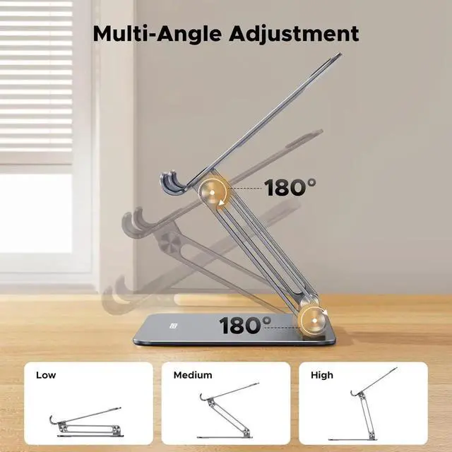 Alt view image 6 of 7 - Vszerda UGREEN Aluminum Dual Rod Tablet Desk Stand Adjustable Multi-Angle Holder Grey Compatible with iPad Pro Air Mini All Models Phones E-Readers
