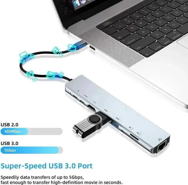 Alt view image 2 of 7 - Vszerda 8 in 1 USB C Multiport Hub, Type C Adapter with 87W PD Charging, 4K@30Hz HDMI, Gigabit RJ45 Ethernet, USB 3.0 Port, SD & TF Card Reader for Windows, MacBook and All USB-C Laptops