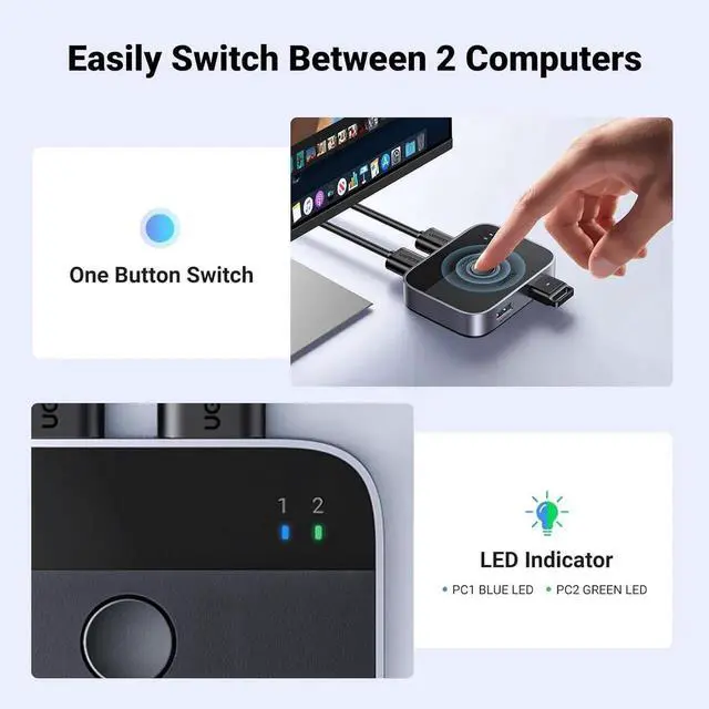 Alt view image 4 of 6 - Vszerda 2-In 2-Out USB 3.0 Switch Selector, 2 Computers Share Keyboard Mouse Printer Scanner Webcam, USB Peripheral Sharing Switcher, Comes with 2 Pack USB 3.0 Connection Cables