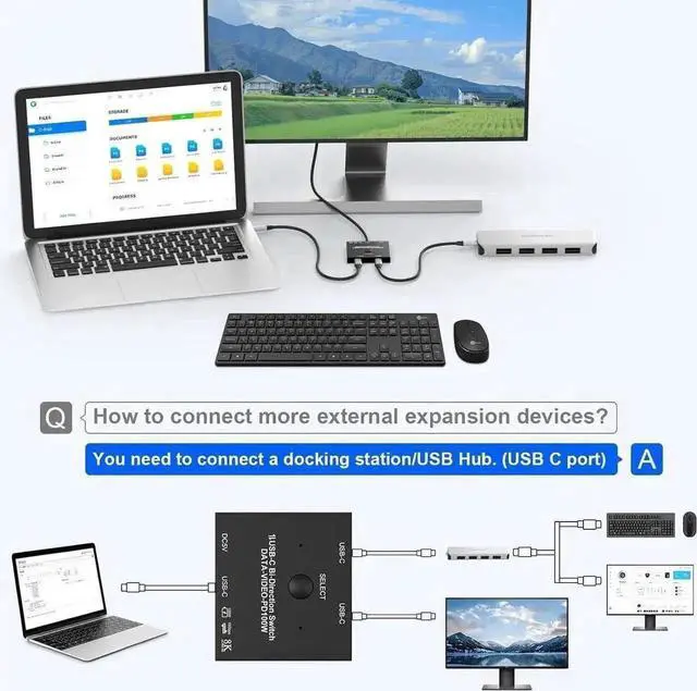 Alt view image 7 of 7 - Vszerda Bi-Directional 2-Port USB-C KVM Switch (2 In 1 Out / 1 In 2 Out), Supports 8K@60Hz, 4K@120Hz Video, 10Gbps Data & 100W PD Charging, 2 USB-C Cables Included for 2 Computers Sharing
