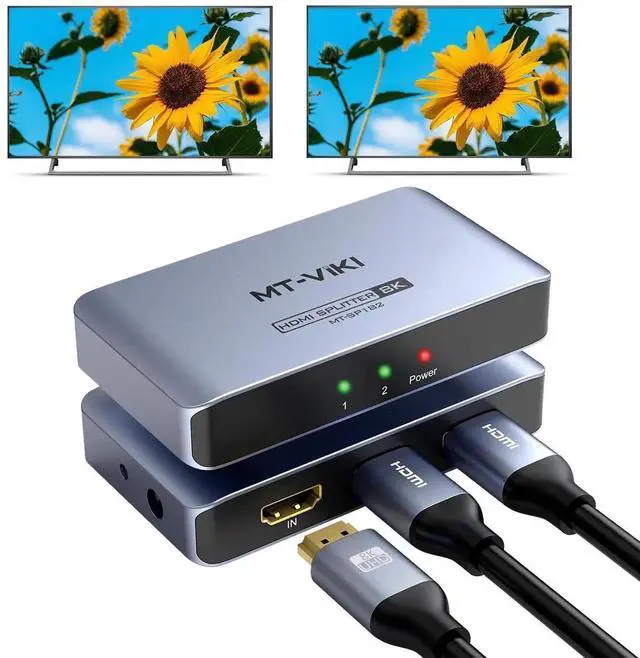Main image of Vszerda MT-VIKI Aluminum HDMI 2.1 1 in 2 Out Mirror Splitter 40Gbps 8K@60Hz 4K@120Hz HDCP2.3 EDID Non-Bidirectional Dual Monitor Splitter
