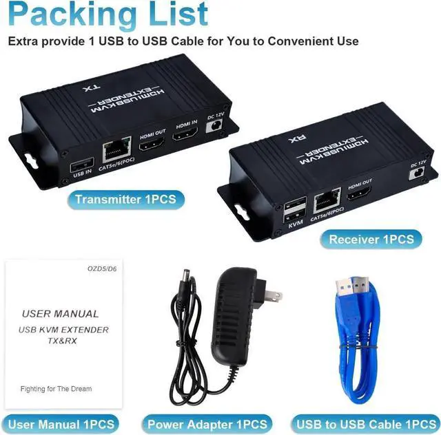 Alt view image 6 of 7 - Vszerda HDMI KVM Extender Over Cat5e/Cat6/Cat7 Up to 164FT, 1080P@60Hz HDMI over RJ45 Transmitter & Receiver, USB KM Control, Zero Latency, POC Single Power Supply