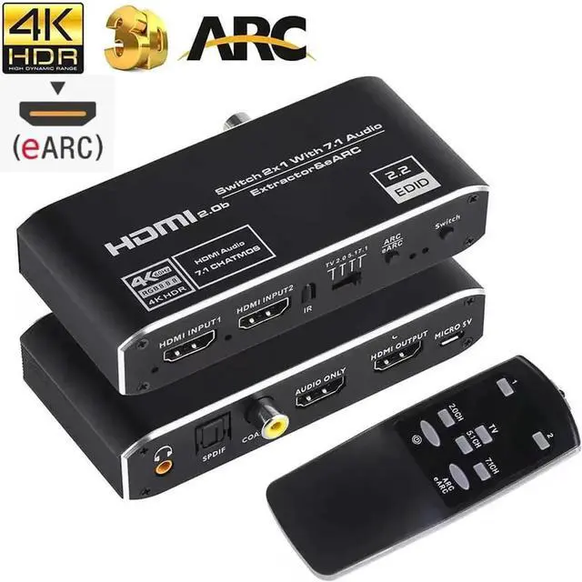 Main image of Vszerda 2 in 1 Out Aluminum HDMI Switch Audio Extractor, 4K@60Hz HDMI 2x1 Switcher with 3.5mm AUX, Coaxial & Optical SPDIF Toslink, Support HDR, 3D, HDCP 2.3, IR Remote Control