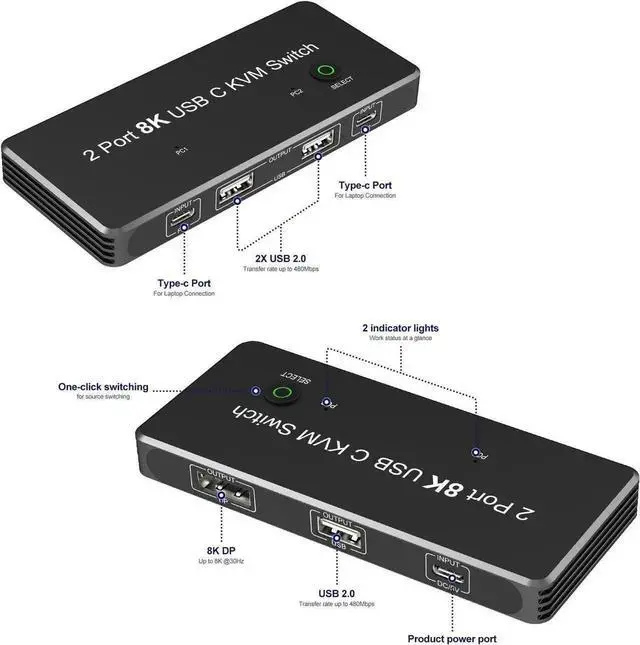 Alt view image 6 of 6 - Vszerda Thunderbolt 3 / Thunderbolt 4 USB-C to DP KVM Switch, 3 USB 2.0 Ports, Support 8K@60Hz & 4K@144Hz DP 1.4, for Monitor, Keyboard, Mouse & Printer