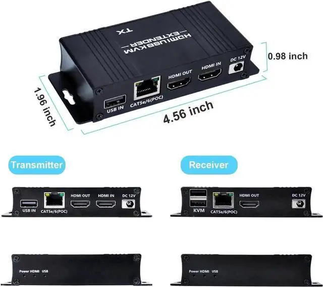 Alt view image 2 of 7 - Vszerda HDMI KVM Extender Over Cat5e/Cat6/Cat7 Cable Up to 164FT, HDMI to RJ45 1080P@60Hz, Transmitter & Receiver Kit, USB Keyboard Mouse Control, Zero Latency, POC Single Power Supply
