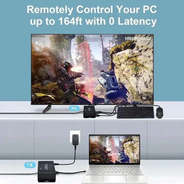 Alt view image 3 of 7 - Vszerda HDMI KVM Extender Over Cat5e/Cat6/Cat7 Cable Up to 164FT, HDMI to RJ45 1080P@60Hz, Transmitter & Receiver Kit, USB Keyboard Mouse Control, Zero Latency, POC Single Power Supply