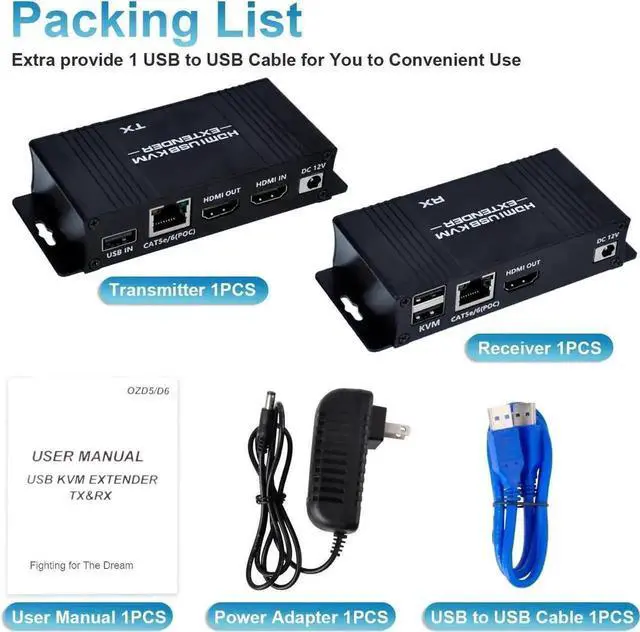 Alt view image 5 of 7 - Vszerda HDMI KVM Extender Over Cat5e/Cat6/Cat7 Cable Up to 164FT, HDMI to RJ45 1080P@60Hz, Transmitter & Receiver Kit, USB Keyboard Mouse Control, Zero Latency, POC Single Power Supply