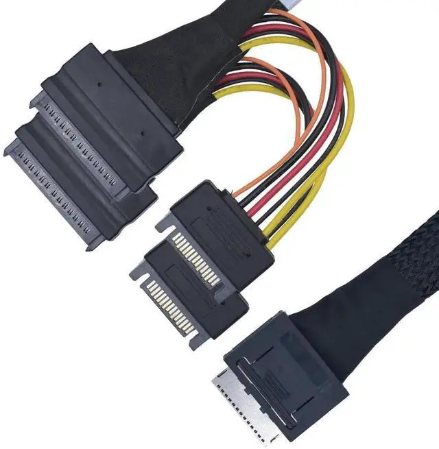 Main image of 50cm / 1.6ft PCIe 4.0 OCuLink SFF-8611 8X to Dual SFF-8639 U.2 NVMe SSD Breakout Cable with Independent 15Pin SATA Power Lines, Internal High-Speed Storage Wire for Motherboard & 2.5 U.2 Drives