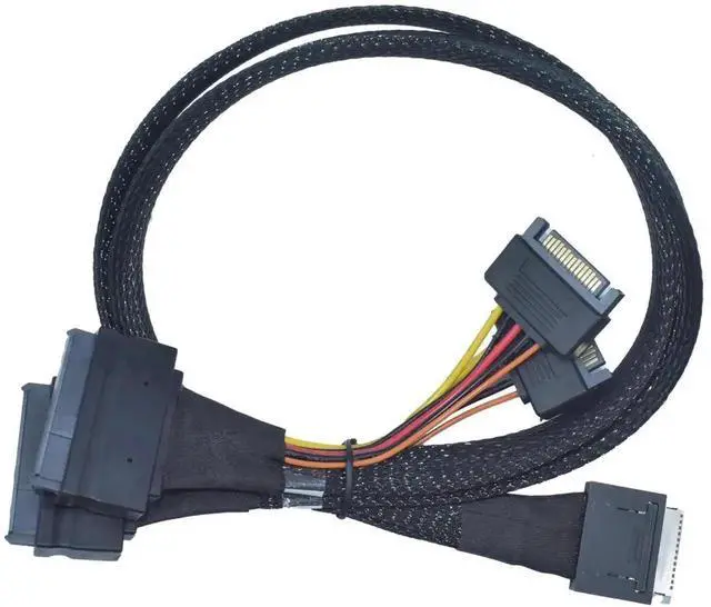 Alt view image 3 of 5 - 50cm / 1.6ft PCIe 4.0 OCuLink SFF-8611 8X to Dual SFF-8639 U.2 NVMe SSD Breakout Cable with Independent 15Pin SATA Power Lines, Internal High-Speed Storage Wire for Motherboard & 2.5 U.2 Drives