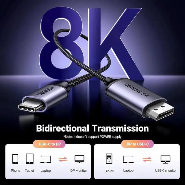 Alt view image 7 of 7 - 6.6FT Bidirectional USB C to DisplayPort 1.4 Cable, 8K@60Hz 4K@240Hz Thunderbolt 4 Cord, Aluminum Alloy & Braided Cable Compatible with iPhone 17 Pro Max, Galaxy S25, MacBook Pro/Air, iPad, XPS 17
