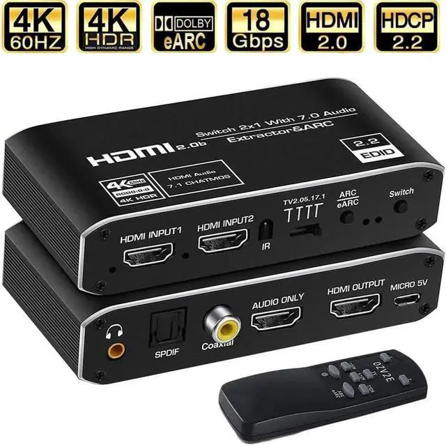 Main image of Vszerda 2 in 1 Out HDMI 2.0b Switch with Audio Extractor, 4K@60Hz HDR 2x1 HDMI Switcher Splitter with Optical SPDIF, Coaxial & 3.5mm Audio Output, HDCP 2.3 IR Remote Control