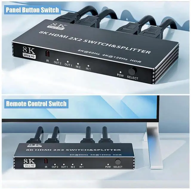 Alt view image 4 of 7 - WRIARICH 2x2 HDMI 2.1 Matrix Switch Splitter with IR Remote, 2 In 2 Out 8K@60Hz 4K@120Hz HDMI Matrix Switcher Support HDCP2.3, HDR10, HDR10+ & 3D for Gaming PC, Game Consoles, 8K TV Monitor