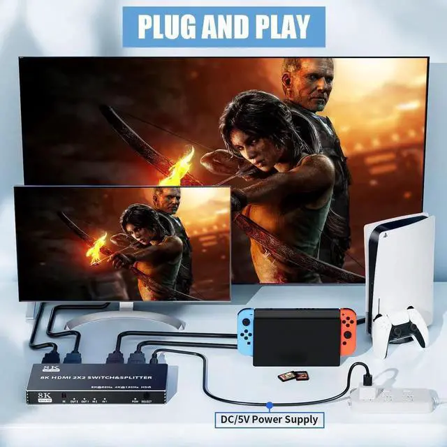 Alt view image 3 of 7 - WRIARICH 2x2 HDMI 2.1 Matrix Switch Splitter with IR Remote, 2 In 2 Out 8K@60Hz 4K@120Hz HDMI Matrix Switcher Support HDCP2.3, HDR10, HDR10+ & 3D for Gaming PC, Game Consoles, 8K TV Monitor