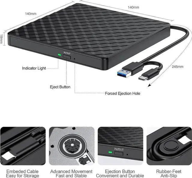 Alt view image 7 of 7 - Vszerda Portable USB 3.0 Type-C External CD DVD +/-RW Burner Optical Drive Reader Writer Compatible with Laptop PC Mac Windows 11/10/8.1/7 Linux