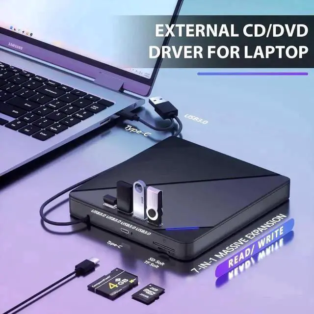 Alt view image 2 of 7 - Vszerda 7 in 1 USB 3.0 Portable External CD DVD RW Burner Optical Drive with 4 USB Ports SD TF Card Reader for Laptop Desktop Windows 11/10/8/7 Linux Mac OS
