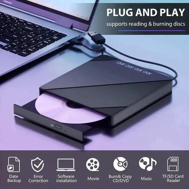 Alt view image 3 of 7 - Vszerda 7 in 1 USB 3.0 Portable External CD DVD RW Burner Optical Drive with 4 USB Ports SD TF Card Reader for Laptop Desktop Windows 11/10/8/7 Linux Mac OS