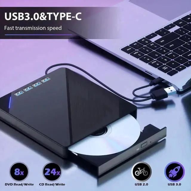 Alt view image 7 of 7 - Vszerda 7 in 1 USB 3.0 Portable External CD DVD RW Burner Optical Drive with 4 USB Ports SD TF Card Reader for Laptop Desktop Windows 11/10/8/7 Linux Mac OS